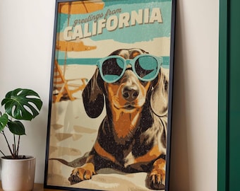 Greetings from California Dachshund Poster, Dog Lover Wall Art, Vintage Dachshund Poster, Gifts for Pet Parents, Retro Beach Decor