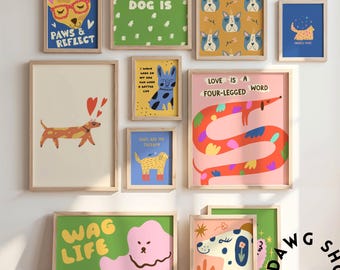 Ensemble de galerie d'affiches pour amoureux des chiens, décoration murale à téléchargement numérique, décorations pour la maison des propriétaires d'animaux de compagnie, affiches de chien et maman, art mural amusant à imprimer pour la maison