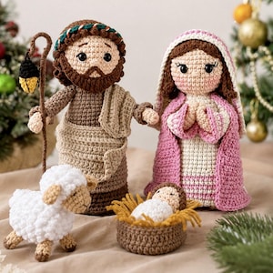 May include: A crochet nativity set featuring a figure with a brown beard and staff, a figure in a pink head covering, a small infant in a brown manger, and a white sheep. Each figure is crafted with detailed yarn stitching and black bead eyes.