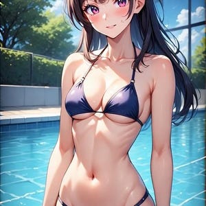 Anime Bikini Girl Poolside – Dark-Haired Summer Beauty | Digital Download PNG