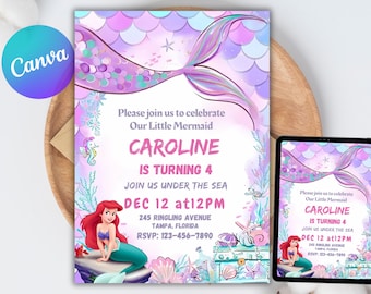 Ariel Birthday Invitation, Little Mermaid Theme (Digital, Editable)