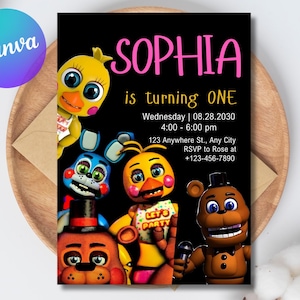 May include: A black invitation card with the text "SOPHIA is turning ONE" in pink. The card features cartoon characters and event details. The Canva logo is in the upper left corner.