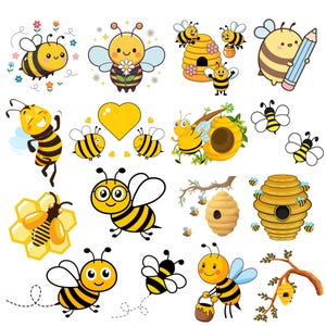 Puede incluir: Ilustraciones de dibujos animados de abejas en varias poses. Las abejas son amarillas y negras, con caras sonrientes. Algunas sostienen objetos como un lápiz o un tarro de miel. Otros elementos incluyen un panal, colmenas y flores.