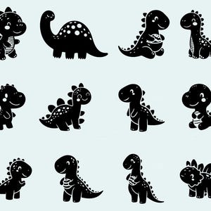 Puede incluir: Una colección de ilustraciones de dinosaurios negros en varias poses. Los dinosaurios tienen espaldas puntiagudas y están sonriendo. Algunos están de pie, otros sentados, y uno es un Brontosaurio de cuello largo. El fondo es azul claro.