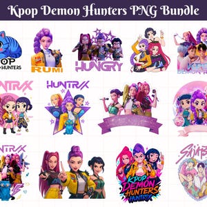 Puede incluir: Una colección de gráficos PNG de Kpop Demon Hunters coloridos. Las imágenes presentan ilustraciones estilizadas de personajes de estilo anime, logotipos y elementos de texto, incluyendo "RUMI", "HUNGRY" y "HUNTRAX". El diseño general es vibrante y llamativo.