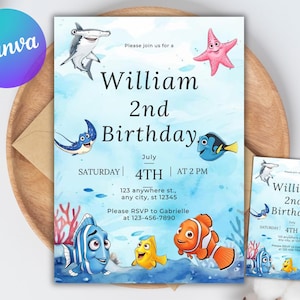 May include: A blue and white birthday invitation featuring cartoon sea creatures. The invitation reads "William 2nd Birthday" with the date and time. A smaller version of the invitation is also present.