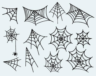 May include: A collection of black spiderweb illustrations in various shapes and sizes, perfect for Halloween or spooky-themed crafts. The webs are drawn with clean lines against a light blue background.