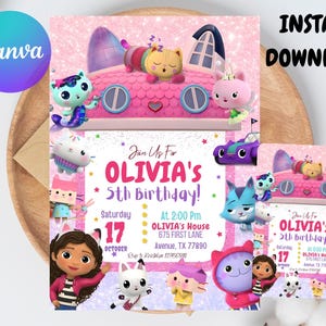 以下が含まれることがあります： 「Olivia's 5th Birthday!」のテキストと10月17日の日付が入ったピンクと紫の誕生日招待状。デザインは漫画のキャラクターと「Instant Download」の文字が特徴です。