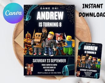 May include: A birthday party invitation featuring the text "GAME ON! ANDREW IS TURNING 8" in white, with cartoon character illustrations. The invitation includes the date "SATURDAY 23 SEPTEMBER" and event details. A smaller matching card is also present.
