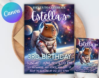 Invitación de cumpleaños editable con diseño de capibara astronauta (plantilla digital)