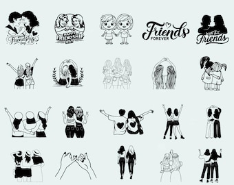 May include: A collection of black and white illustrations featuring friends. The illustrations depict various poses of two people, including holding hands, hugging, and standing side-by-side. Some illustrations include text, such as "World Friendship Day" and "Friends Forever".