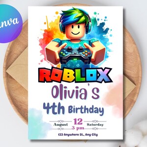 May include: A Roblox-themed birthday invitation featuring a cartoon character holding a game controller, with a colorful splash background. The invitation includes the text "Olivia's 4th Birthday" and event details.