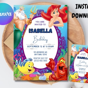 May include: A birthday invitation featuring characters from The Little Mermaid. The invitation includes the text "ISABELLA Birthday" and event details. The words "INSTANT DOWNLOAD" and "Canva" are also visible. The design is set against a blue background.