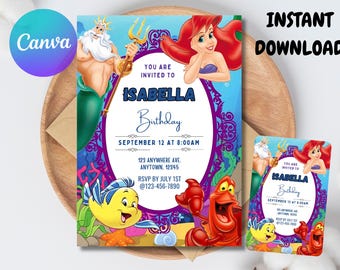 May include: A birthday invitation featuring Ariel, Flounder, and Sebastian from The Little Mermaid. The invitation includes the text "ISABELLA Birthday" and event details. The words "INSTANT DOWNLOAD" and "Canva" are also visible.