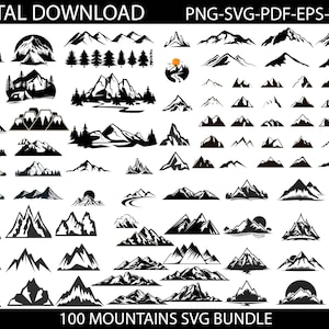 May include: A digital download bundle of 100 black and white mountain silhouette SVG files. The mountains are in various styles and sizes, including single peaks, mountain ranges, and mountains with trees. The text "100 MOUNTAINS SVG BUNDLE" is at the bottom of the image.