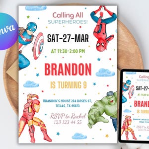 Könnte beinhalten: Einladung zur Superhelden-Geburtstagsparty mit Captain America, Spider-Man, Iron Man und Hulk. Die Einladung enthält den Text "Calling All Superheroes!" sowie Datum, Uhrzeit und Ort der Party.