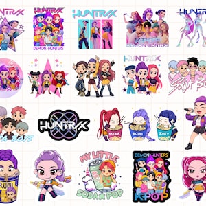 Puede incluir: Una colección de gráficos de dibujos animados coloridos con los textos "HUNTRIX", "DEMON-HUNTERS", "KPOP" y "SAJA BOYS". Las imágenes presentan personajes estilizados, algunos con micrófonos o comida, y otros en poses dinámicas.