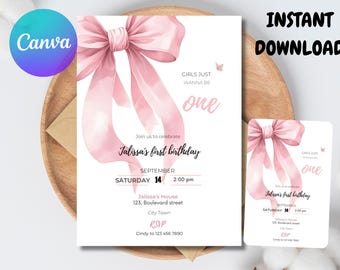 Pink Bow Birthday Invitation, Coquette Party Theme (Canva Template, Digital Download)