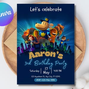 Puede incluir: Una invitación de cumpleaños azul marino con personajes de dibujos animados y el texto "Let's celebrate". La invitación es para la fiesta de 3er cumpleaños de Aaron, con la fecha, hora e información de RSVP.