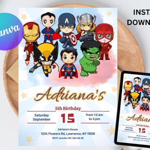 Könnte beinhalten: Eine Geburtstagseinladung mit Cartoon-Superhelden wie Iron Man und Captain America. Die Einladung ist für Adrianas 5. Geburtstag, mit Datum und Uhrzeit. Ein Tablet zeigt das gleiche Design.