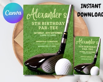 May include: A golf-themed birthday party invitation with the text "Alexander's 5th Birthday Par-Tee". The design features a golf club, a golf ball, and green grass. The invitation includes the date, time, and location.