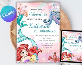 Ariel Birthday Invitation | Little Mermaid Party, Editable Template (Digital Download)