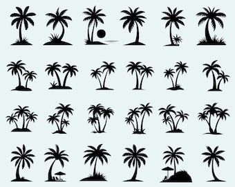 May include: A collection of black silhouette palm trees in various designs. Some trees are single, others are in groups, and some include a sun, grass, or beach umbrella. The background is a light blue color.