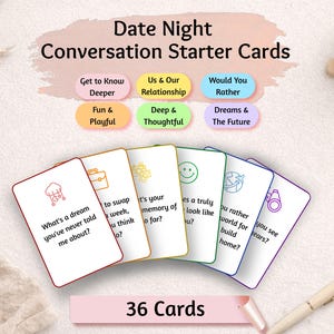 May include: A set of "Date Night Conversation Starter Cards" with 36 cards. The cards are white with colorful text and icons. The categories include "Get to Know Deeper", "Us & Our Relationship", and "Dreams & The Future".