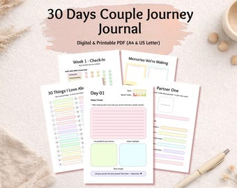 Couples Journal Printable PDF | 30 Day Relationship Journal for Two | Daily Prompts, Gratitude, Weekly Check-In, Love Letter
