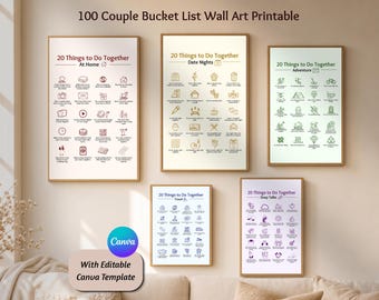 Couple Bucket List Wall Art, 100 Things To Do Together Printable, Set of 5 Relationship Posters, Date Night Adventure Travel Decor