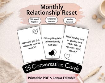 Monthly Relationship Reset Conversation Cards for Couples (Printable PDF, Canva Editable)