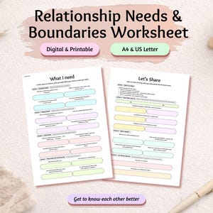 Op de afbeelding: Een werkblad voor relatiebehoeften en grenzen met twee pagina's getiteld What I Need en Let's Share. Het document bevat secties met lege gekleurde velden om in te schrijven, beschikbaar in A4- en US Letter-formaten voor digitaal printen.