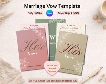 Marriage Vow Template Canva | Editable Wedding Vows Printable | Vow Renewal Template | His Her Vows | Bifold Foldable Vow Card