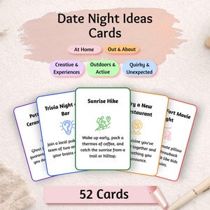 May include: A set of 52 Date Night Ideas Cards featuring categories like At Home, Out & About, Creative & Experiences, Outdoors & Active, and Quirky & Unexpected. Each white card displays a title, a simple line icon, and a short descriptive text.