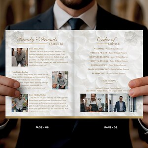 May include: A memorial service program held by a person in a dark suit. The program features text and photos on a white background with floral accents. The left page reads "Family & Friends Tributes" and the right page reads "Order of Service".