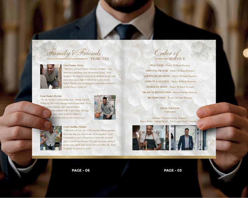 May include: A memorial service program held by a person in a dark suit. The program features text and photos on a white background with floral accents. The left page reads "Family & Friends Tributes" and the right page reads "Order of Service".