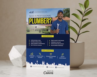 Redigerbar flygbladsmall för rörmokare: DIY Canva-design (8,5x11 och A4)