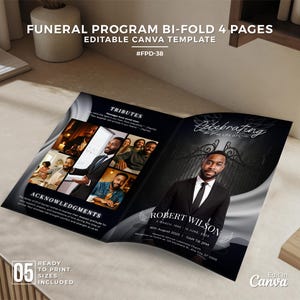 Può includere: Un modello di programma funebre bifacciale in bianco e nero. Il programma include spazio per foto, tributi e ringraziamenti. Il testo "FUNERAL PROGRAM BI-FOLD 4 PAGES EDITABLE CANVA TEMPLATE" è in alto.