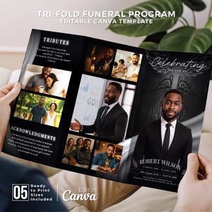 Può includere: Un modello di programma funebre a tre ante tenuto da una persona. Il programma presenta foto, testo e le parole "TRI-FOLD FUNERAL PROGRAM" e "EDITABLE CANVA TEMPLATE". Il programma include il testo "Celebrating the Life of Robert Wilson".