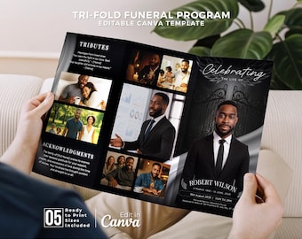 Black Memorial Trifold Obituary Template for Men: Canva Funeral Program (Digital Download)
