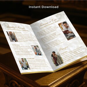 May include: An open memorial booklet with the words "Instant Download" at the top. The booklet features photos and text, with headings like "Family & Friends" and "Forever in Our Hearts." The pages are decorated with a floral design.