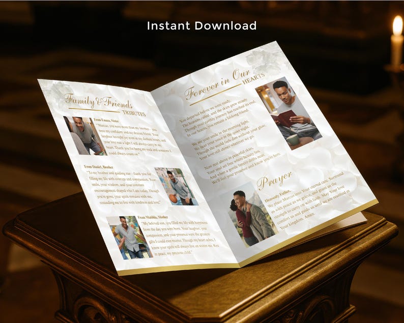 May include: An open memorial booklet with the words "Instant Download" at the top. The booklet features photos and text, with headings like "Family & Friends" and "Forever in Our Hearts." The pages are decorated with a floral design.