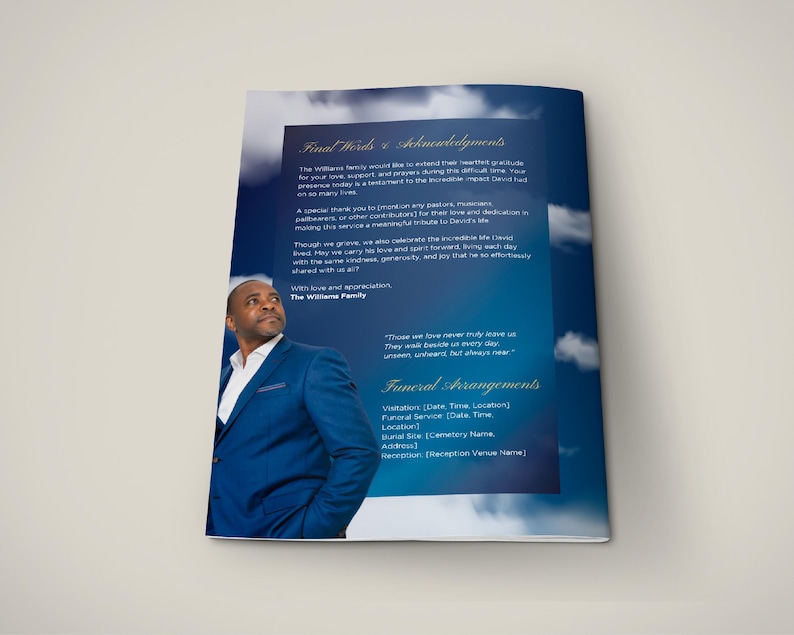 Blue & Gold Funeral Program Template: 8-page Bi-fold Booklet (digital ...