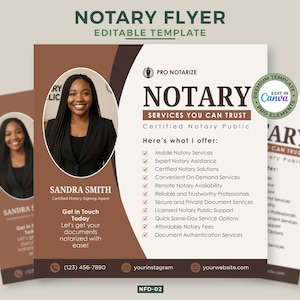 Könnte beinhalten: Ein Flyer-Template für Notardienste mit einem Foto einer lächelnden Frau in einem schwarzen Blazer. Das Design ist braun und weiß, mit dem Text "NOTARDIENSTE, DENEN SIE VERTRAUEN KÖNNEN" und einer Liste der angebotenen Dienstleistungen.