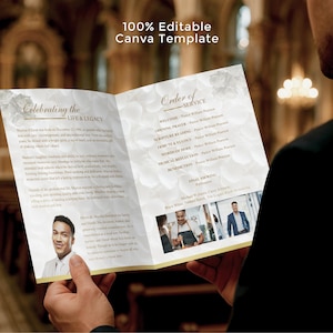May include: A person holding a funeral program. The program is open, displaying text and images. The cover reads "Celebrating the Life & Legacy." The program has a floral design and the text "100% Editable Canva Template" is visible.