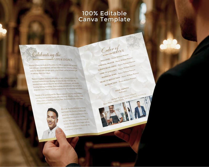 May include: A person holding a funeral program. The program is open, displaying text and images. The cover reads "Celebrating the Life & Legacy." The program has a floral design and the text "100% Editable Canva Template" is visible.