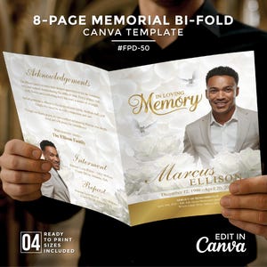 Könnte beinhalten: Eine zweiseitige Gedenkvorlage mit dem Text "8-PAGE MEMORIAL BI-FOLD CANVA TEMPLATE" und "IN LOVING MEMORY". Die Vorlage enthält ein Foto eines Mannes im Anzug, florale Akzente und den Namen "Marcus Ellison". Die Vorlage enthält auch den Text "READY TO PRINT SIZES INCLUDED".