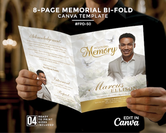 White Gold Roses Funeral Program Template: 8 Page Memorial (Canva Template)