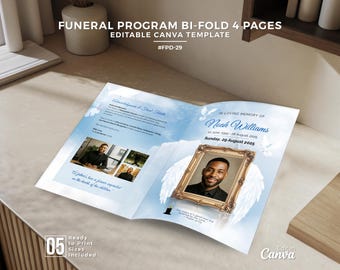 Modello di programma funebre per uomini - Design Canva modificabile, modello di necrologio #FPD-29