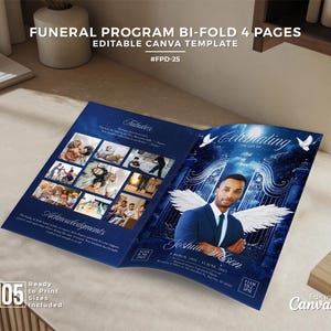 May include: A bi-fold funeral program template with a dark blue background. The cover features a photo of a man with angel wings, the text "Celebrating the Life of Joshua Wilson", and the Canva logo. The inside pages include photos and text. The text "Funeral Program Bi-Fold 4 Pages" is at the top.
